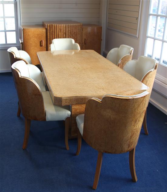 An Art Deco burr maple dining suite, probably Epstein, table 5ft 9in. x 3ft